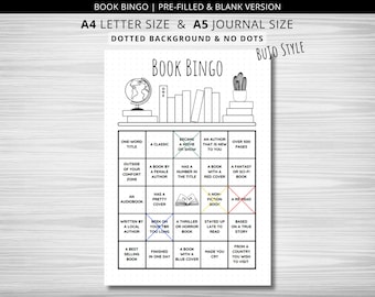 May include: A black and white printable book bingo card with a bookshelf illustration at the top. The card has 25 squares with book-related challenges, such as "Read a book with a blue cover" and "Finish a book in one day".