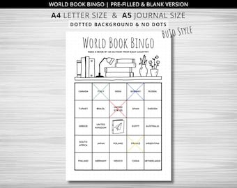 May include: A black and white printable bingo card with a dotted background. The card is titled "World Book Bingo" and has a list of countries in each square. The goal is to read a book by an author from each country.