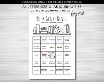 May include: A black and white printable bingo card with the title "Book Genre Bingo" and a list of book genres in each square. The card is designed in a bullet journal style with a dotted background.