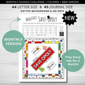 Puede incluir: Un tablero de juego de desafío de ahorro mensual imprimible con un tema de Save-Opoly. El tablero es blanco y negro con acentos rojos, amarillos, verdes y azules. El tablero de juego está diseñado para jugarse durante 30 días e incluye una sección de total mensual.