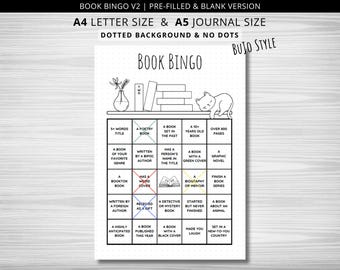 May include: A black and white printable book bingo card with a dotted background. The card has squares with different book-related prompts, such as "A book with a green cover" and "A book set in the past".