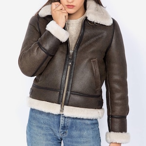 Women B3 RAF Aviator Real Shearling Brown Sheepskin Leather Flight Bomber Jacket