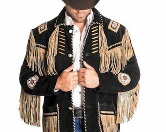 Men's Traditional Cowboy Western Leather Jacket coat With Fringe Bone and Beads