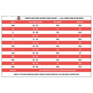 May include: A size chart for men's leather jackets, showing sizes from XXS to 8XL. The chart lists the chest size, shoulder size, and sleeve length in inches.