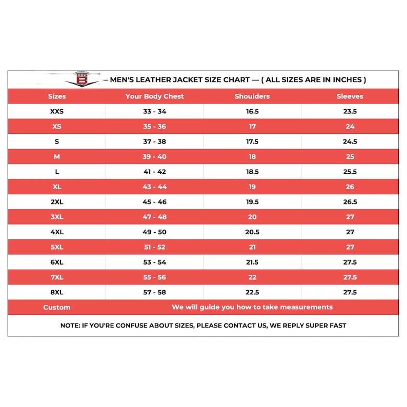 May include: A size chart for men's leather jackets, showing sizes from XXS to 8XL. The chart lists the chest size, shoulder size, and sleeve length in inches.