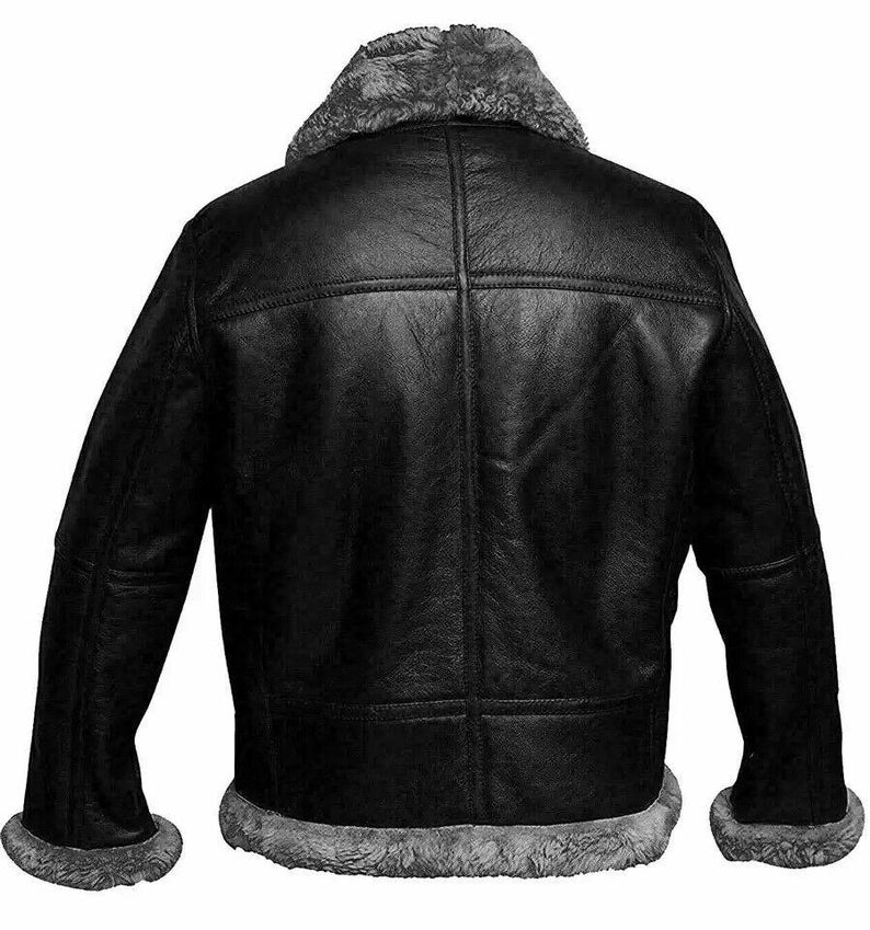 May include: A black leather jacket with a shearling collar and lining. The jacket has a zipper closure and multiple pockets.