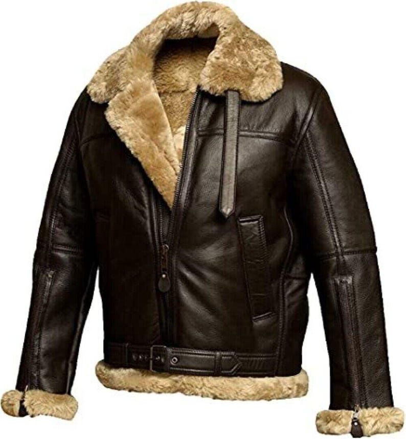 May include: A brown leather bomber jacket with a shearling collar and lining. The jacket has a zipper closure, two front pockets, and a belt at the waist.