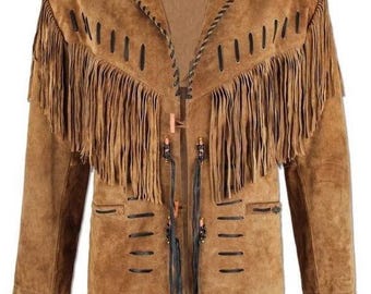May include: A brown suede jacket with fringe detailing across the chest and sleeves. The jacket features decorative stitching and small beaded accents on the shoulders. It has a classic collar and a button closure.
