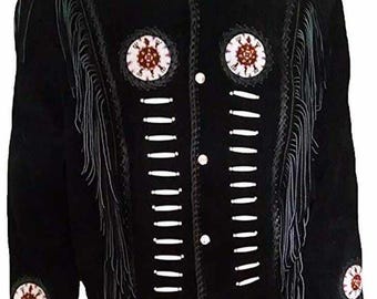 May include: A black suede jacket with fringe detailing and beaded embellishments. The jacket has a stand-up collar and a button closure.