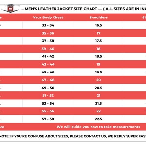 May include: A size chart for men's leather jackets, showing sizes from XXS to 8XL, with measurements in inches for chest, shoulders, and sleeves.