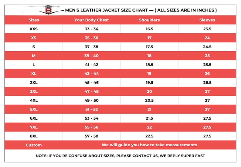May include: A size chart for men's leather jackets, showing sizes from XXS to 8XL, with measurements in inches for chest, shoulders, and sleeves.