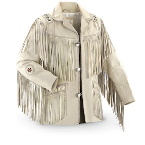 May include: A cream-colored leather jacket with fringe detailing. The jacket has a button closure and decorative stitching.