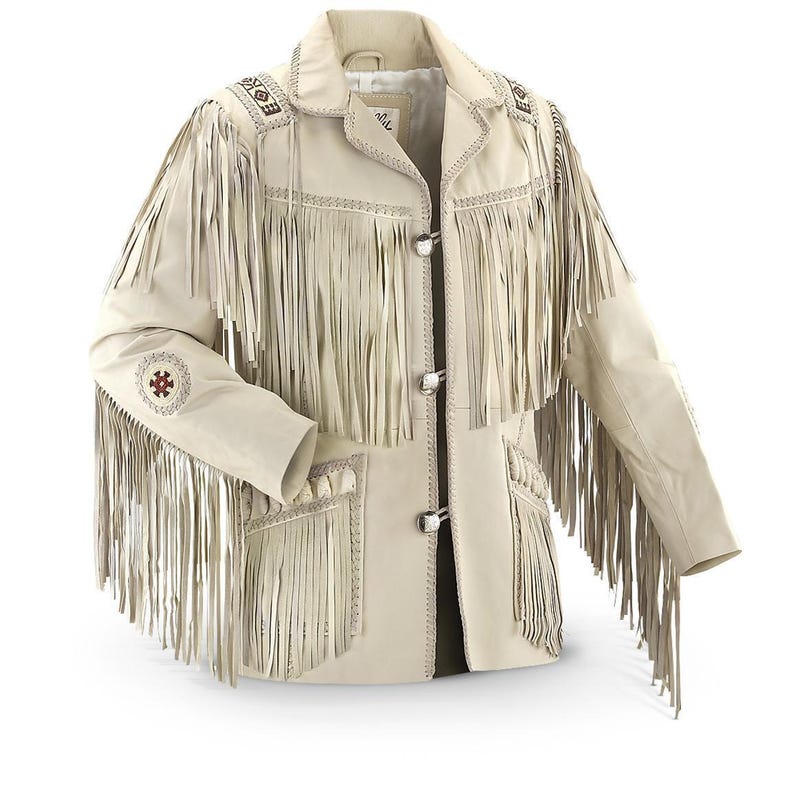 May include: A cream-colored leather jacket with fringe detailing. The jacket has a button closure and decorative stitching.