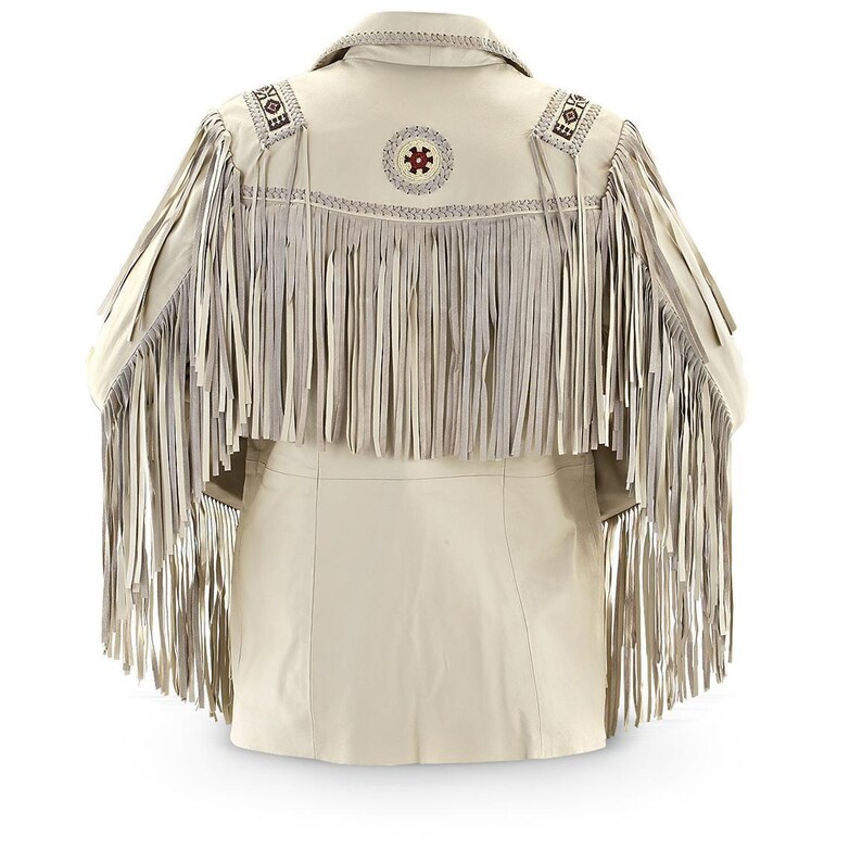 May include: A cream-colored leather jacket with fringe detailing around the neckline and sleeves. The jacket has a decorative embroidered design on the back.