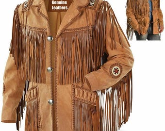May include: A brown suede jacket with fringe detailing and a woven design on the sleeves. The jacket has a button closure and two pockets. The label on the jacket reads "Genuine Leathers".