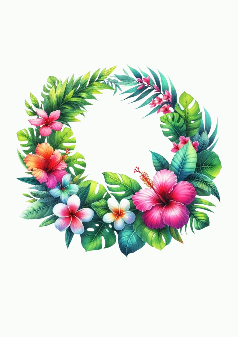Watercolor Hawaiian Flower Crown Clipart Tropical Lei Wreath in PNG ...