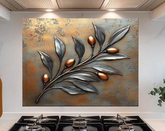 Paraschizzi in vetro temperato per cucina, colore rame, stampa di ramo d'ulivo su pannello di vetro, paraschizzi rustico per la zona dietro i fornelli.
