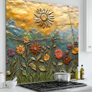 Tempered Glass Backsplash for Stove, Kitchen Backsplash Guard, Stovetop Splashback, Floral Glass Wall Art for Kitchen Decor