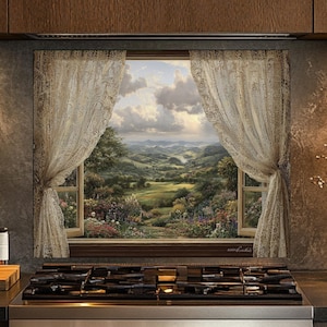 Tempered Glass Backsplash, Window Look Landscape Kitchen Backsplash Behind Stove, Stove Backsplash, Stove Back Cover, Kitchen Decor Tile
