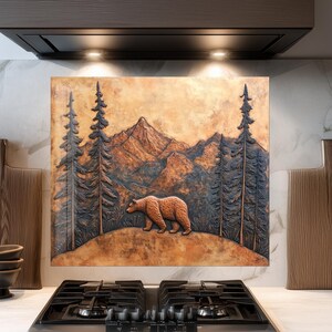 Tempered Glass Backsplash, Bear in Woodland Area Kitchen Backsplash, Stove Backsplash-Pine Tree Backsplash-Stove Back Cover-Backsplash Panel