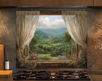Window Look Print Backsplash, Centerpiece of your kitchen Landscape Backsplash Protector, Stove Back Cover, Stove Top Backsplash Panel