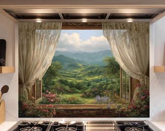 Window Look Print Stove Backsplash, Landscape Kitchen Backsplash, Stove Back Cover, Stove Top Backsplash, Kitchen Decor Tile- Tempered Glass