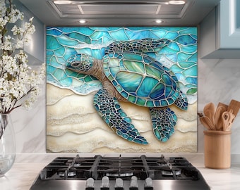 Turtle in Ocean Blue White Pattern Glass Backsplash Behind Stove, Marine Themed Back Splash, Kitchen Backsplashes, Tempered Glass Splashback