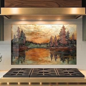 Landscape Kitchen Glass Backsplash, Rustic Tempered Glass Backsplash, Kitchen Decor Tile, Stove Backsplash, Pine Trees Stove Top Backsplash