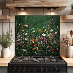 Vintage Wildflowers Backsplash Tempered Glass-Oil Painting Style, Green Backsplash Panel Floral Pattern, Kitchen Wall Art Behind Stove Tile