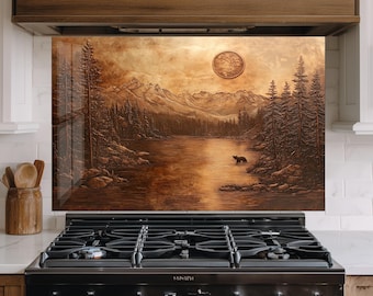 Rustic Landscape Tempered Glass Kitchen Backsplash, Backsplash Panel, Kitchen Decor Splashback, Stove Backsplash, Stove Top Backsplash