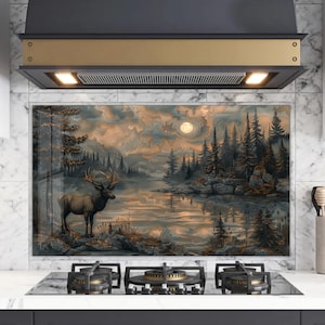 Landscape Kitchen Backsplash Wall Art, Rustic Stove Backsplash -Stove Back Cover- Stovetop Cover, Elk Cooker Tempered Glass Backsplash Panel