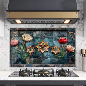 Floral Kitchen Backsplash Tile -Stove Back Cover-  Stove Backsplash - Chopping Board- Sink Splash Guard- Kitchen Tempered Glass Wall Art