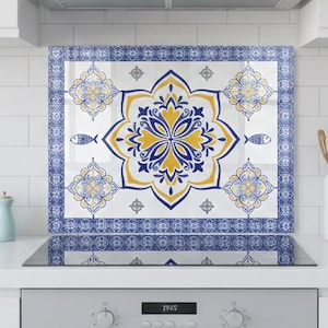 Tempered Glass Backsplash for Kitchen Stove, Heat Resistant Splashback Panel, Asian Style Tile Art,Cooktop Grease Guard,Stovetop Safety