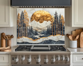 Marble Gold Mountain Forest Tempered Glass Backsplash, Kitchen Backsplash Behind Stove, Heat Resistant Stove Back Cover, Stove Splashback