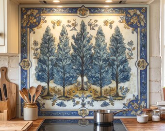 Blue Cypress Delft Tile Tempered Glass Backsplash, Mediterranean Kitchen Splashback, Heat Resistant Stove Back Cover, Noodle Board