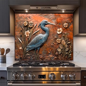 Blue Heron Kitchen Stove Backsplash Wall Art, Vintage Copper Relief Look Backsplash Tile, Ptak z kwiatowym Backsplash piekarnika - szkło hartowane