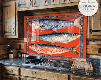 Tempered Glass Backsplash Behind Stove, Easy Multi-Mount Vintage Red Kitchen Splashback Guard,  Mediterranean Fish Art