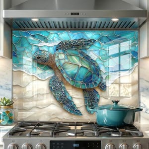 Tempered Glass Backsplash, Turtle Pattern Wall Art For Kitchen, Nautical Wall Decor Stove Behind Protector, Ocean Blue Marine Splashback