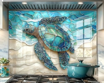 Tempered Glass Backsplash, Turtle Pattern Wall Art For Kitchen, Nautical Wall Decor Stove Behind Protector, Ocean Blue Marine Splashback