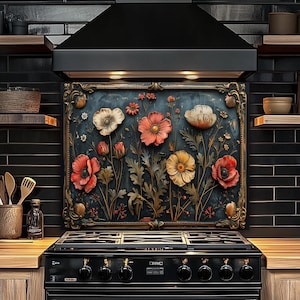 Floral Glass Backsplash, Wildflowers Stove Backsplash, Kitchen Sink Splash Guard-Stove Back Cover-Oven Backsplash- Tempered Glass Splashback