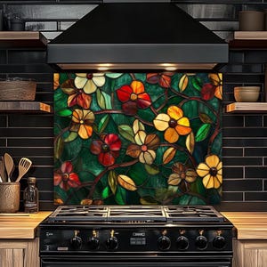 Stained Glass Style Flowers Print Backsplash - Green Floral Backsplash, Fireproof, Flower Field Backsplash, Wildflowers Backsplash Wall Art