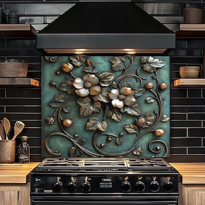 Floral Tempered Glass Backsplash, Kitchen Backsplash Wall Art, Stove Backsplash for Kitchen, Oven Backsplash, Floral Stovetop Backsplash