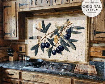Vintage Mosaic Olive Tree Branches Tempered Glass Backsplash Behind Stove, Easy Multi-Mount Kitchen Splashback Panel, Vintage Kitchen Decor
