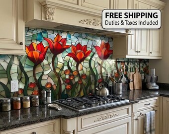 Tempered Glass Stove Backsplash,  Kitchen Backsplash Tile-Stove Back Cover, Chopping Board-  Stained Glass Look Backsplash-Cooker Wall Panel