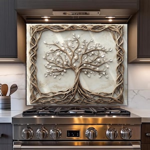 Fireproof Backsplash-Tree of Life Kitchen Splashback for Stove Back - Marble and Pearl Look Glass Kitchen Backsplash, Whimsical Splash Back