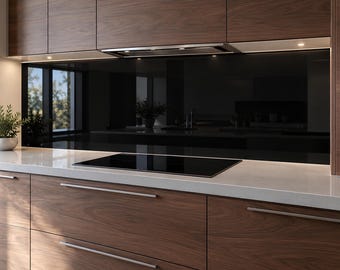 Black Glass Backsplash for Stove – Kitchen Glossy Tempered Glass Splashback , Custom Sizes and Socket Cut-Outs