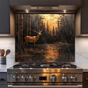 Black Copper Style Woodland Deer Print Backsplash for Stove, Aesthetic Deer Backsplash, Tempered Glass Art Deer Backsplash Wall Art Kitchen