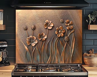 Retro Copper Patina Wildflowers Print Backsplash-Tempered Glass Panel Wall Art for Kitchen Stove Behind, Custom Any Size Backsplash Floral