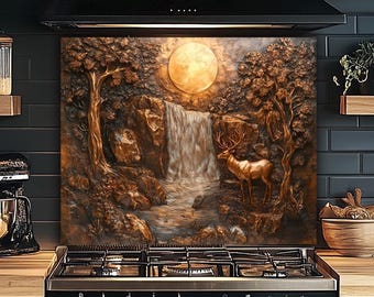 Glass Backsplash - Mama Deer in Woodland, Waterfall Landscape with Sunshine Backsplash for Kitchen Stovetop, Deer Backsplash, Deer Glass Art