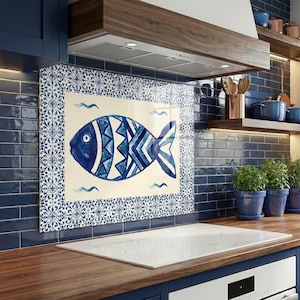 Gehärtetes Glas Backsplash für Küchenherd, hitzebeständige Splashback-Panel, mediterranes Fisch-Fliesenbild, Kochfeld-Fettschutz, Küchendekoration
